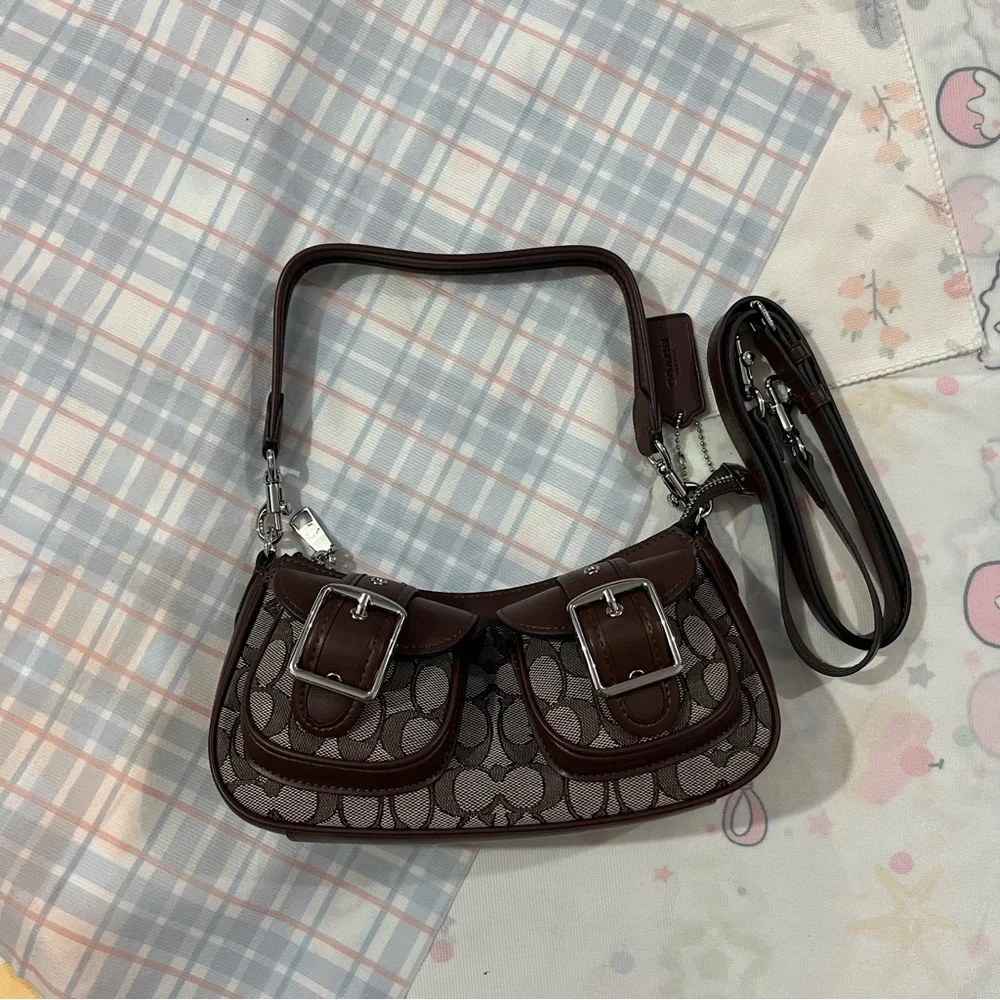 Coach Brown Signature Jacquard Crossbody Bag with Buckle Pockets